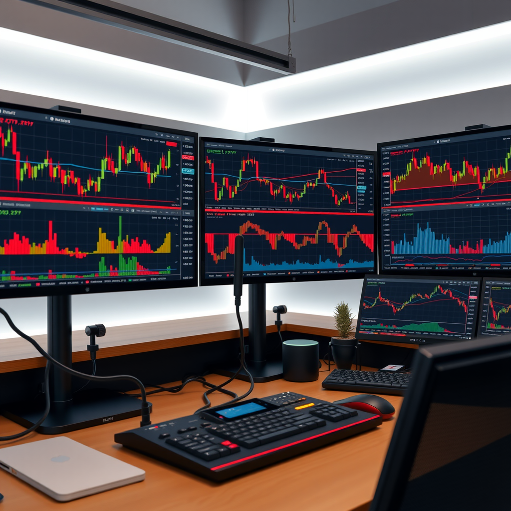 Professional trading desk showing multiple monitors with real-time market volatility charts, candlestick patterns, and technical indicators displaying price movements across different timeframes