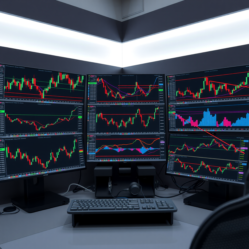 Professional trading desk setup showing multiple computer monitors displaying various technical chart patterns including head and shoulders, triangles, and candlestick formations with trend lines and indicators overlaid on financial market data