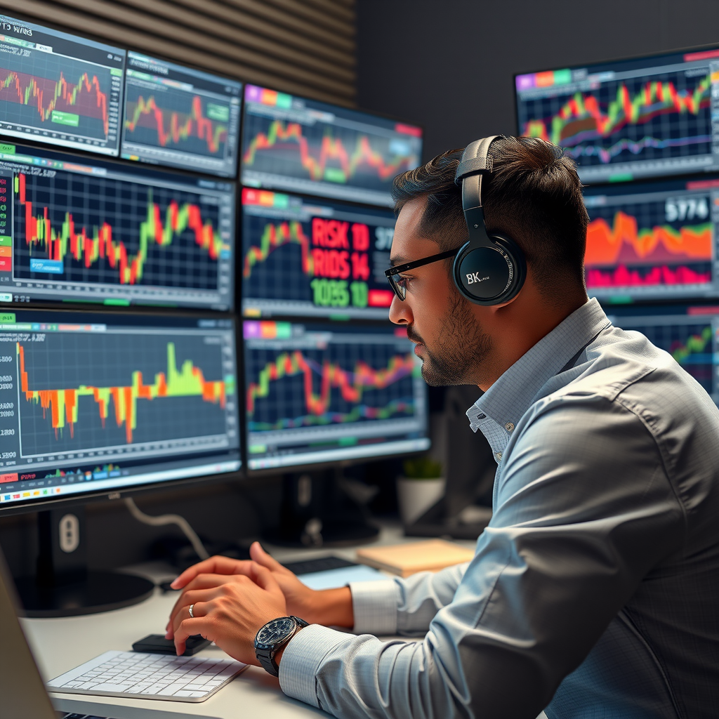 Professional trader analyzing multiple charts on computer screens showing risk management metrics and position sizing calculations