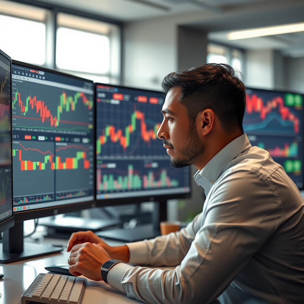 Professional trader analyzing financial charts on multiple computer monitors in a modern office environment, demonstrating focused concentration and emotional discipline