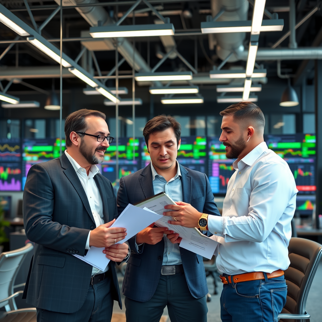 Professional executive leadership team in modern office setting with cryptocurrency trading displays and technology infrastructure, showing CEO, CTO, and Chief Compliance Officer collaborating on strategic planning