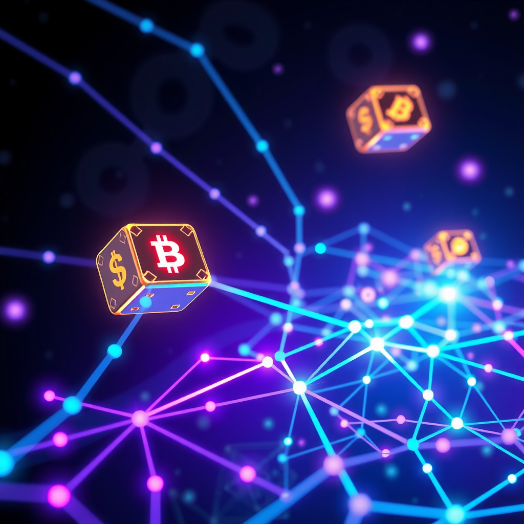 Abstract visualization of blockchain network with interconnected nodes, glowing blue and purple lines representing distributed ledger connections, digital blocks floating in space with cryptographic symbols, futuristic technology background with circuit patterns