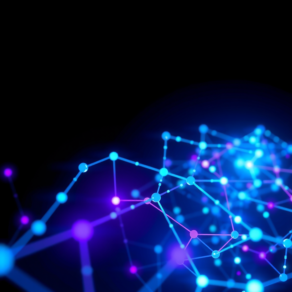 Abstract visualization of blockchain network showing interconnected nodes with glowing blue and purple connections, representing distributed ledger technology with digital blocks linked in a chain formation against a dark futuristic background
