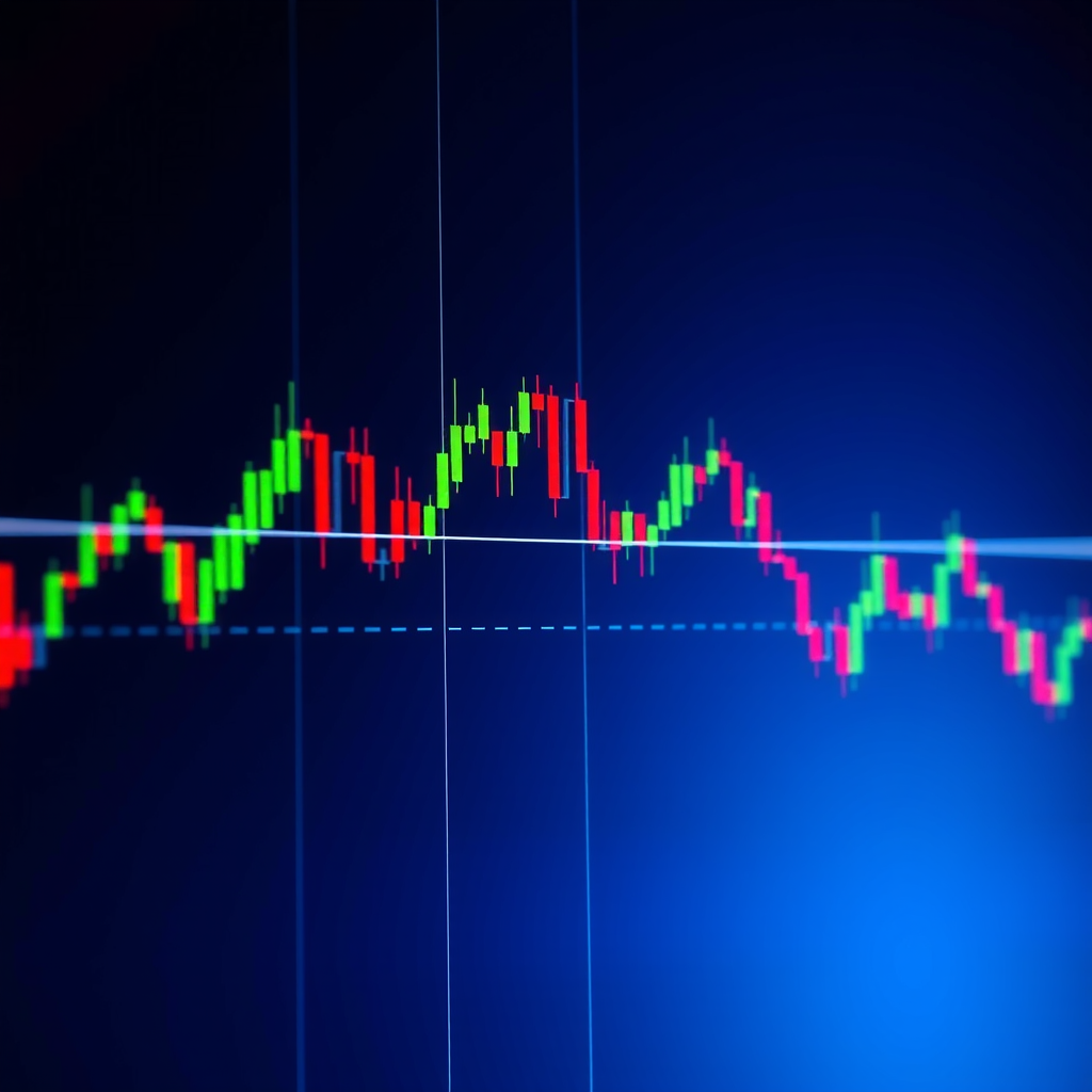 Cryptocurrency trading chart showing candlestick patterns, moving averages, RSI indicator, and MACD with support and resistance levels marked on a dark blue background with glowing neon accents