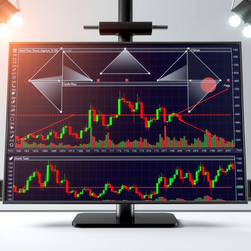 Educational illustration showing various technical analysis chart patterns including head and shoulders, triangles, flags, and double tops on a professional trading interface