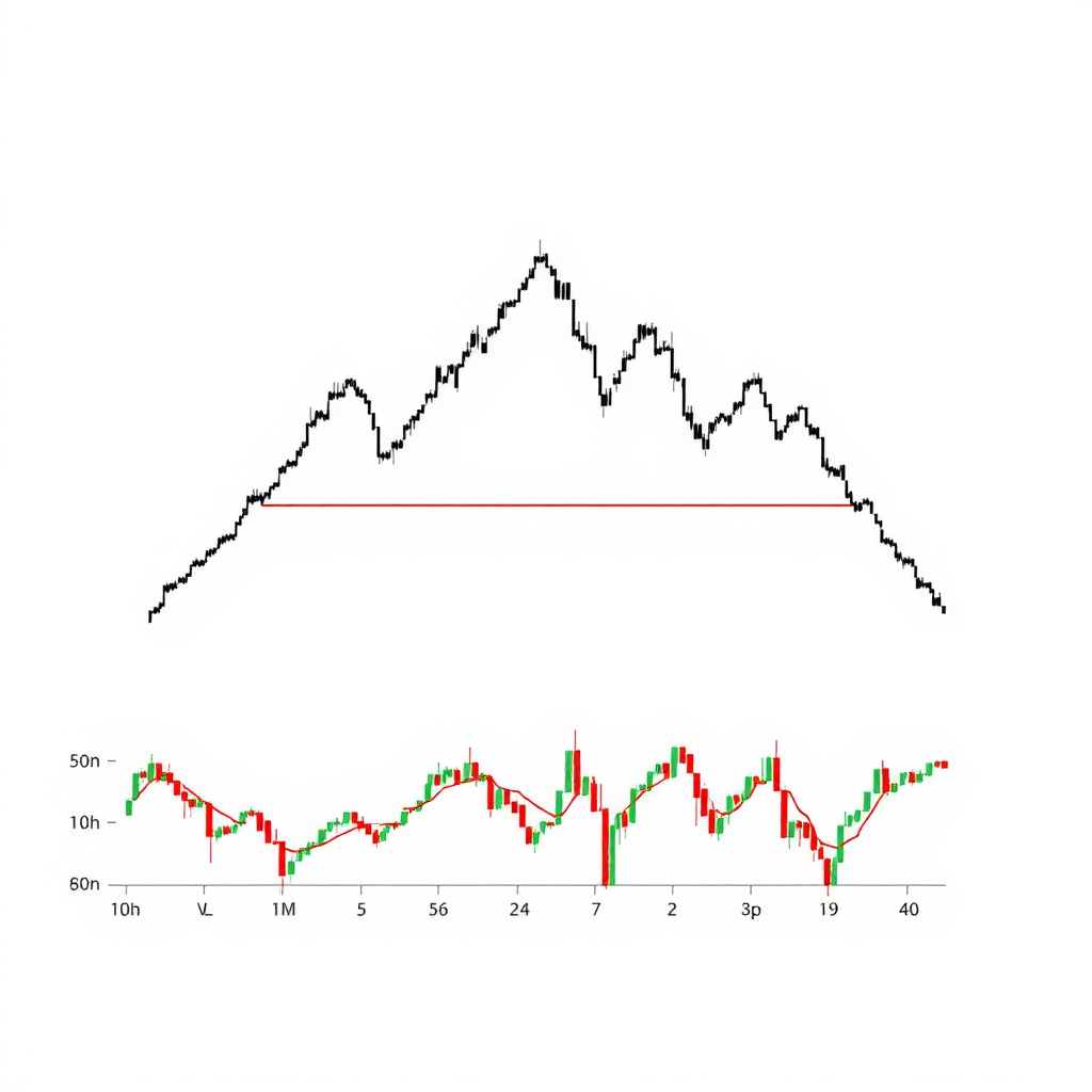Detailed illustration of a head and shoulders chart pattern showing three distinct peaks with the middle peak being highest, connected by a neckline, with volume indicators below and price action demonstrating the pattern formation and breakdown