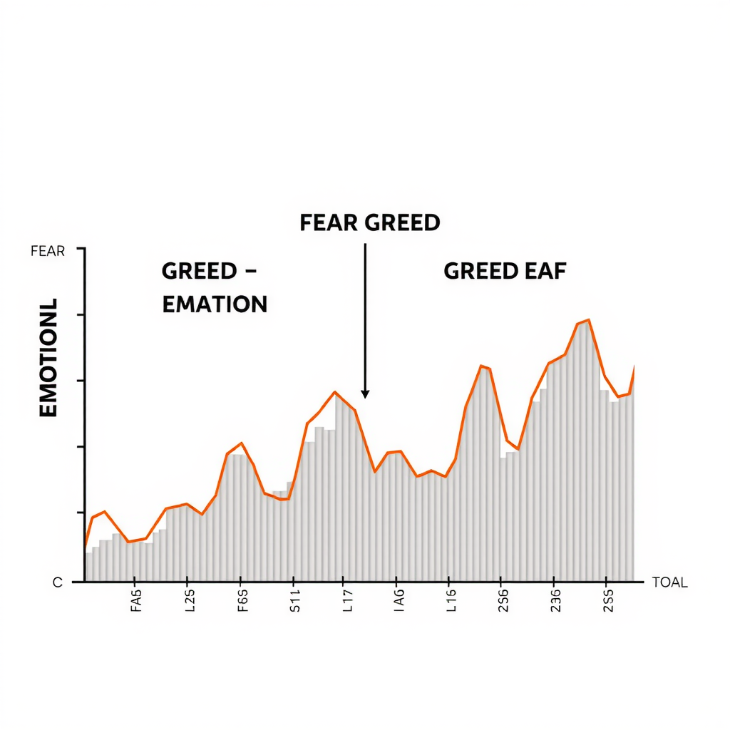 Conceptual graph illustrating the emotional cycle of fear and greed overlaid with market price movements, showing how emotions correlate with market peaks and troughs