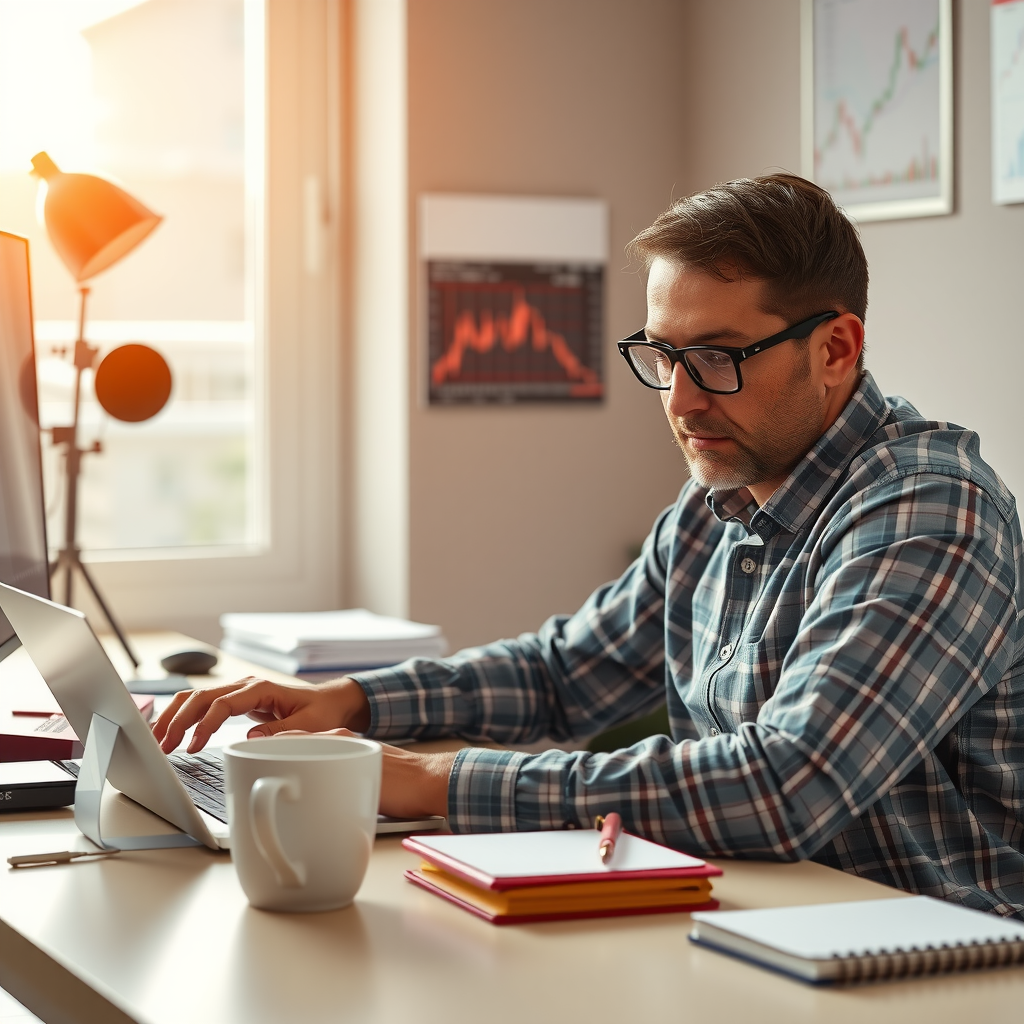 Active trader sitting at desk in early morning reviewing pre-market analysis, economic calendar, and overnight market movements on laptop screen with coffee cup, notepad, and trading journal visible