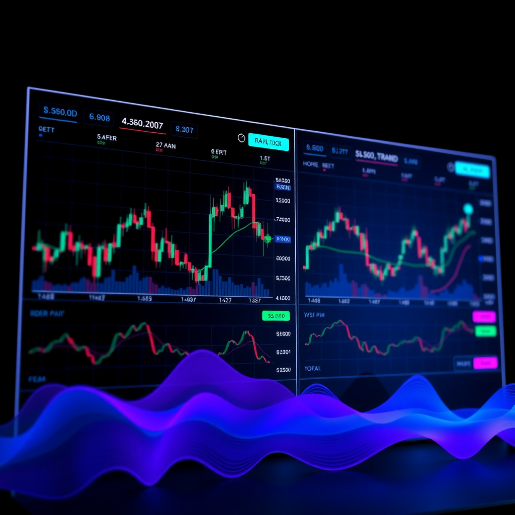 Modern cryptocurrency spot trading platform interface showing real-time market charts, order books, and trading pairs with blue and purple gradient accents on dark background
