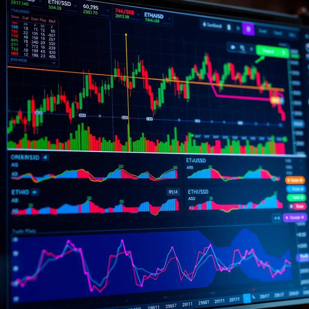 Advanced cryptocurrency trading interface showing real-time charts with candlestick patterns, order book depth visualization, multiple trading pairs including BTC/USD and ETH/USD, technical indicators like moving averages and RSI, and a modern dark-themed dashboard with blue and purple accent colors displaying live market data and trading volume