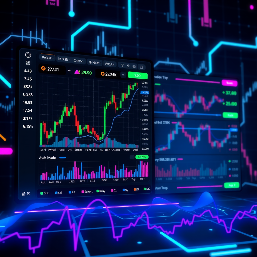 Advanced trading dashboard interface displaying multiple cryptocurrency charts with technical indicators, real-time price data streams, and automated bot performance metrics on a dark futuristic background with blue and purple accent colors