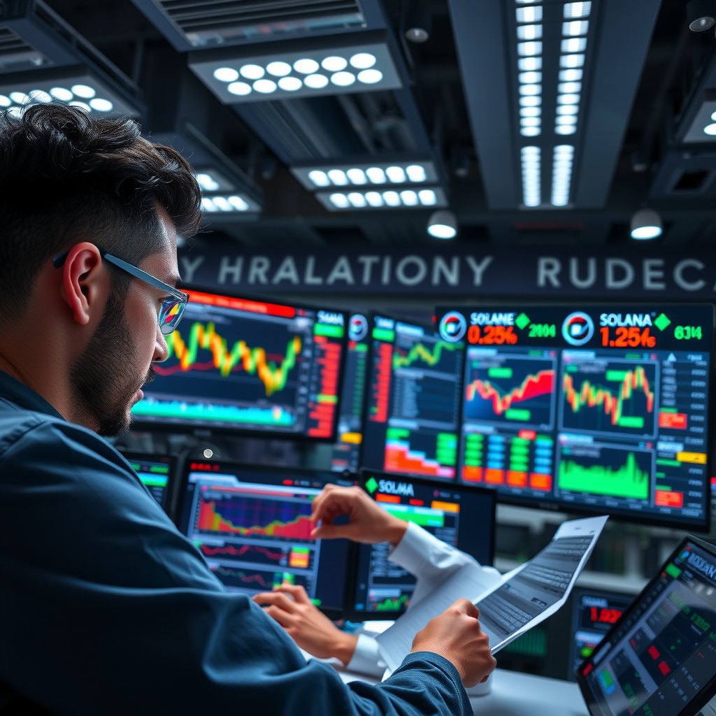 Professional cryptocurrency traders and market analysts working with multiple trading screens showing technical analysis charts, market data, and Solana blockchain metrics in a high-tech trading floor environment