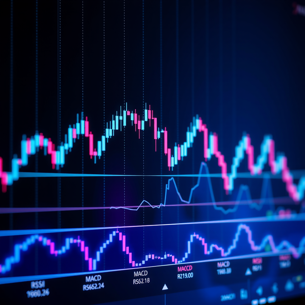 Professional cryptocurrency trading chart with candlestick patterns, moving average lines in blue and purple, RSI and MACD indicators displayed below, support and resistance levels marked, futuristic holographic display style with glowing elements