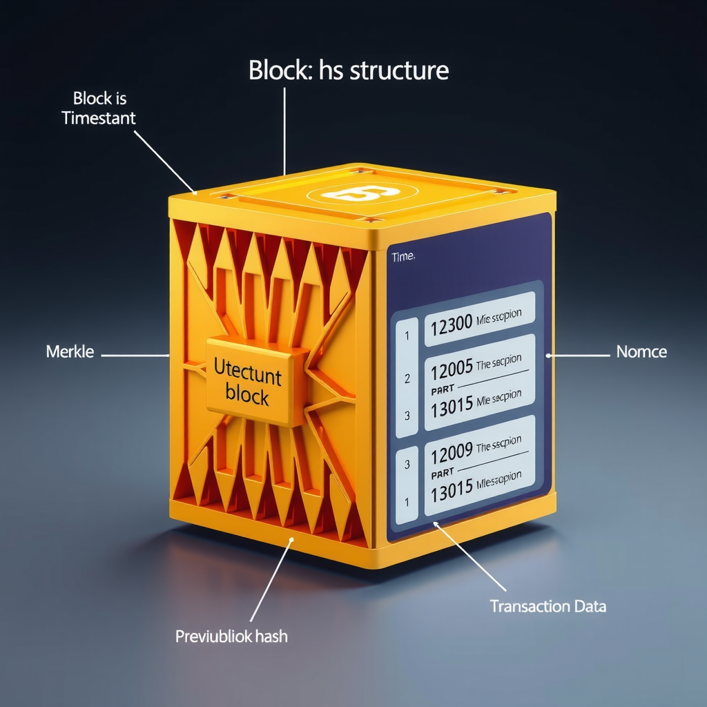 Detailed diagram showing the internal structure of a blockchain block including block header with timestamp, previous block hash, merkle root, nonce, and transaction data section with multiple transactions