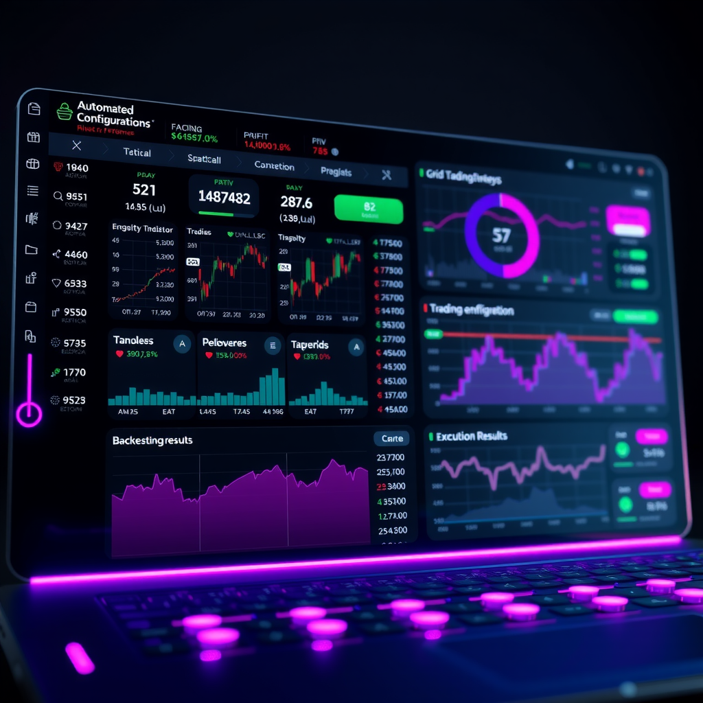 Futuristic automated trading bot dashboard displaying algorithm configurations, technical indicators, grid trading strategies, performance analytics with profit metrics, backtesting results, and 24/7 execution monitoring on dark interface with purple and magenta highlights