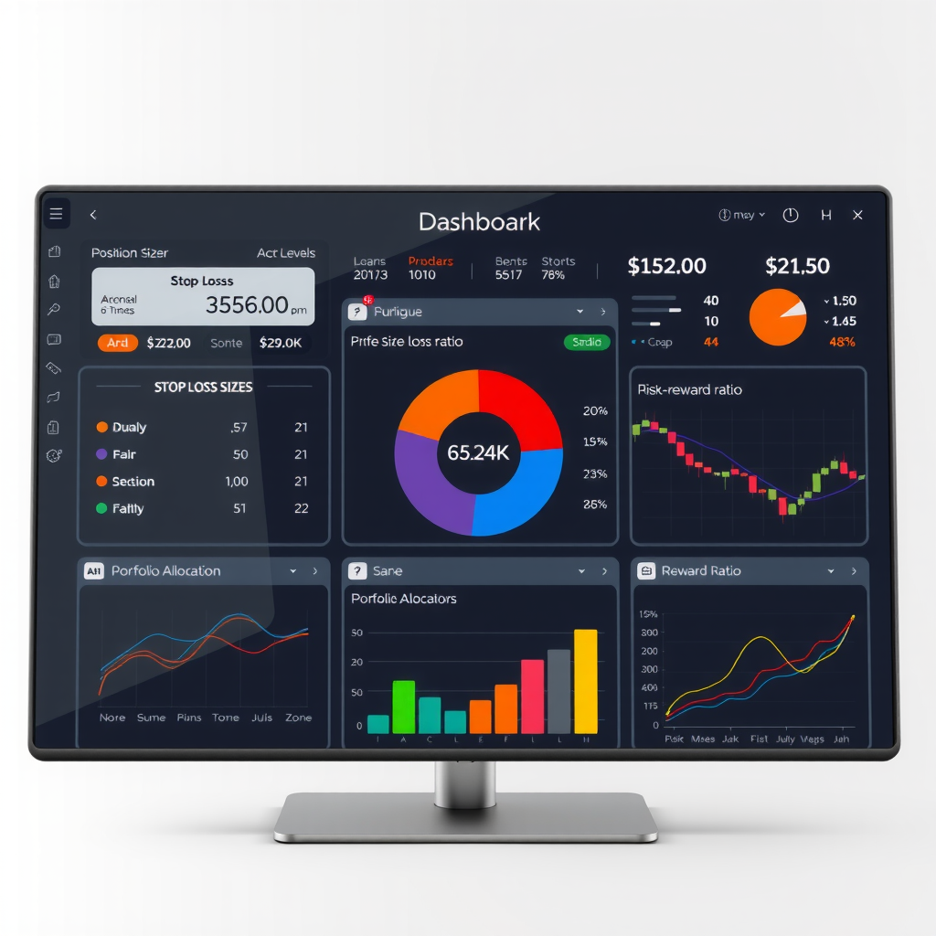 Professional risk management dashboard showing position sizing calculator, stop-loss levels, portfolio allocation pie chart, and risk-reward ratio metrics