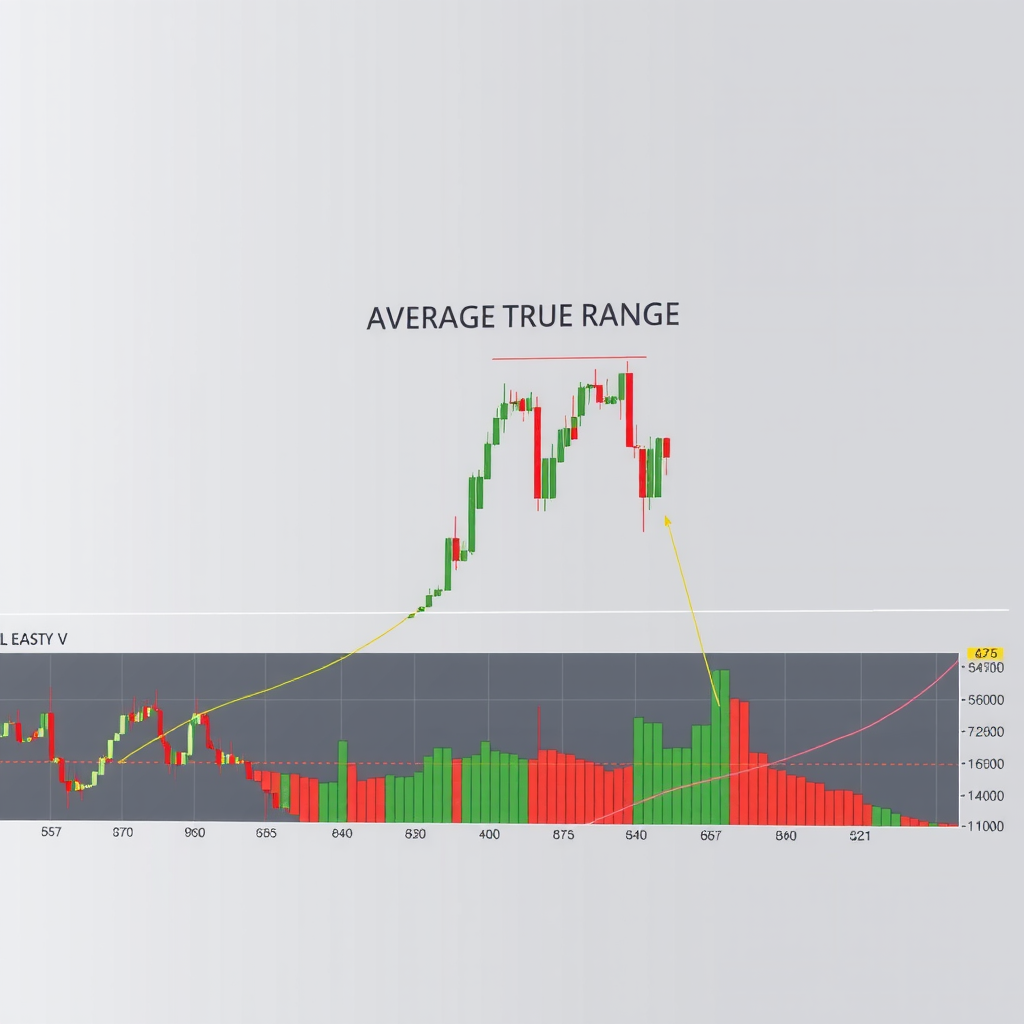 Trading chart displaying Average True Range indicator below price action, showing volatility spikes during major price movements with color-coded zones for different volatility levels