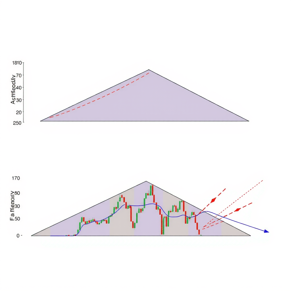 Comprehensive chart showing three types of triangle patterns side by side - ascending triangle with flat top and rising bottom, descending triangle with flat bottom and falling top, and symmetrical triangle with converging trend lines, each with breakout arrows and volume patterns