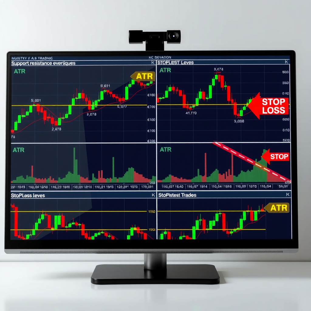 Trading screen displaying various stop loss placement techniques on candlestick charts with support resistance levels and ATR indicators