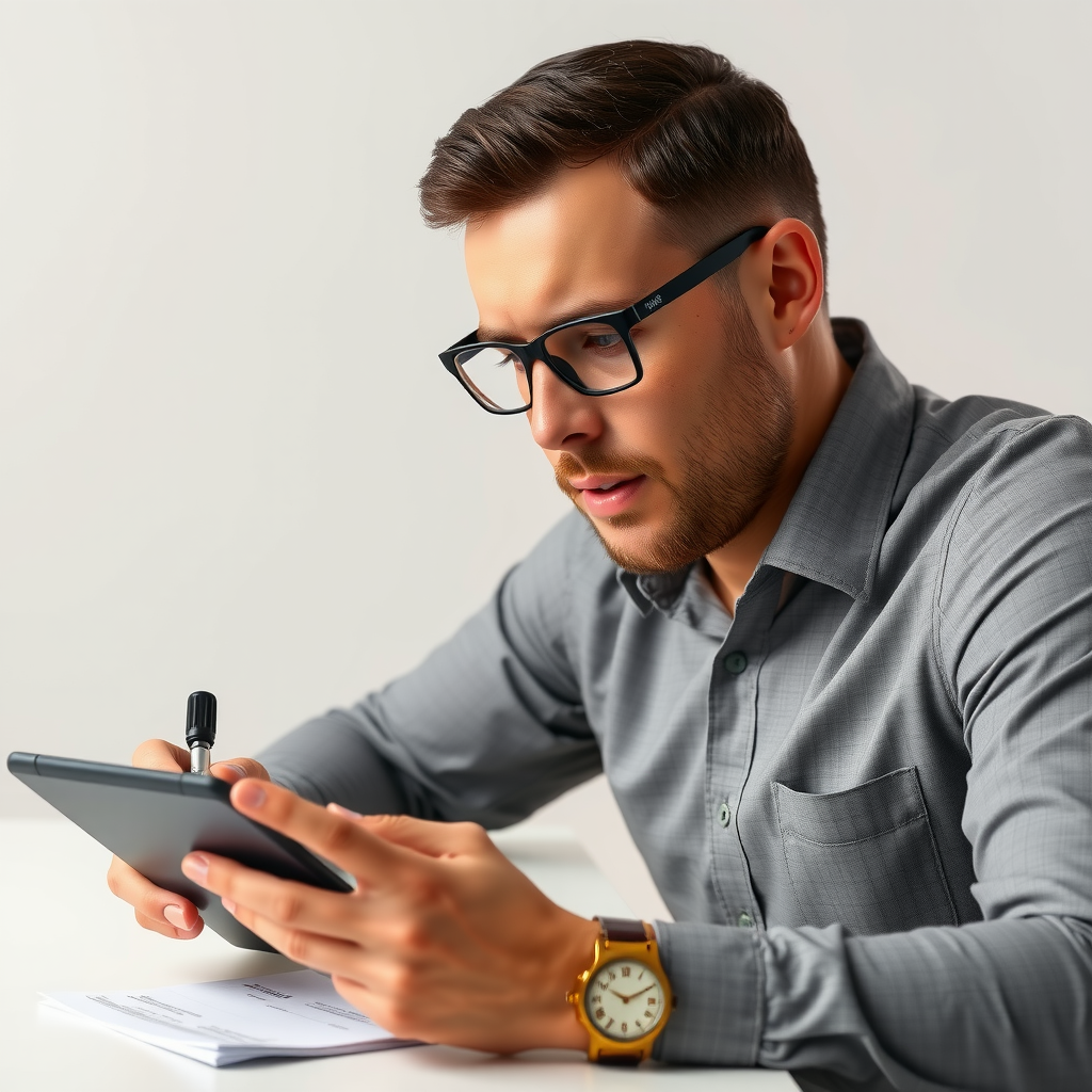 Professional trader reviewing risk management strategies and position sizing on a tablet device while taking notes, emphasizing disciplined approach to trading