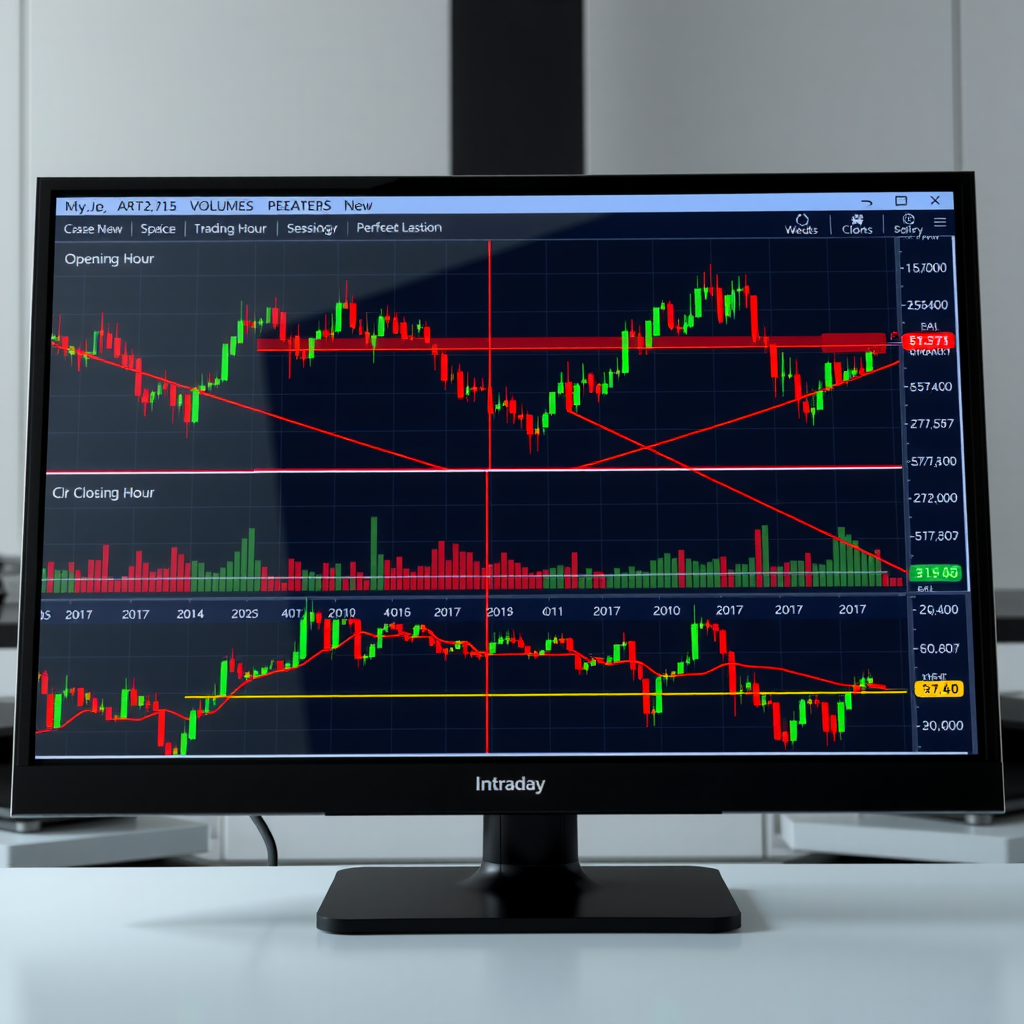 Professional trading platform interface displaying intraday volume patterns, price action charts across different market sessions, with highlighted areas showing opening hour volatility, mid-day consolidation, and closing hour activity