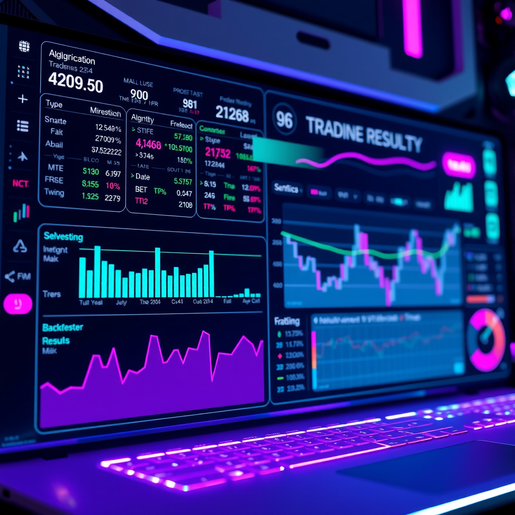 Futuristic automated trading bot dashboard displaying algorithm configurations, performance metrics, backtesting results, and real-time trade execution with purple and cyan neon accents