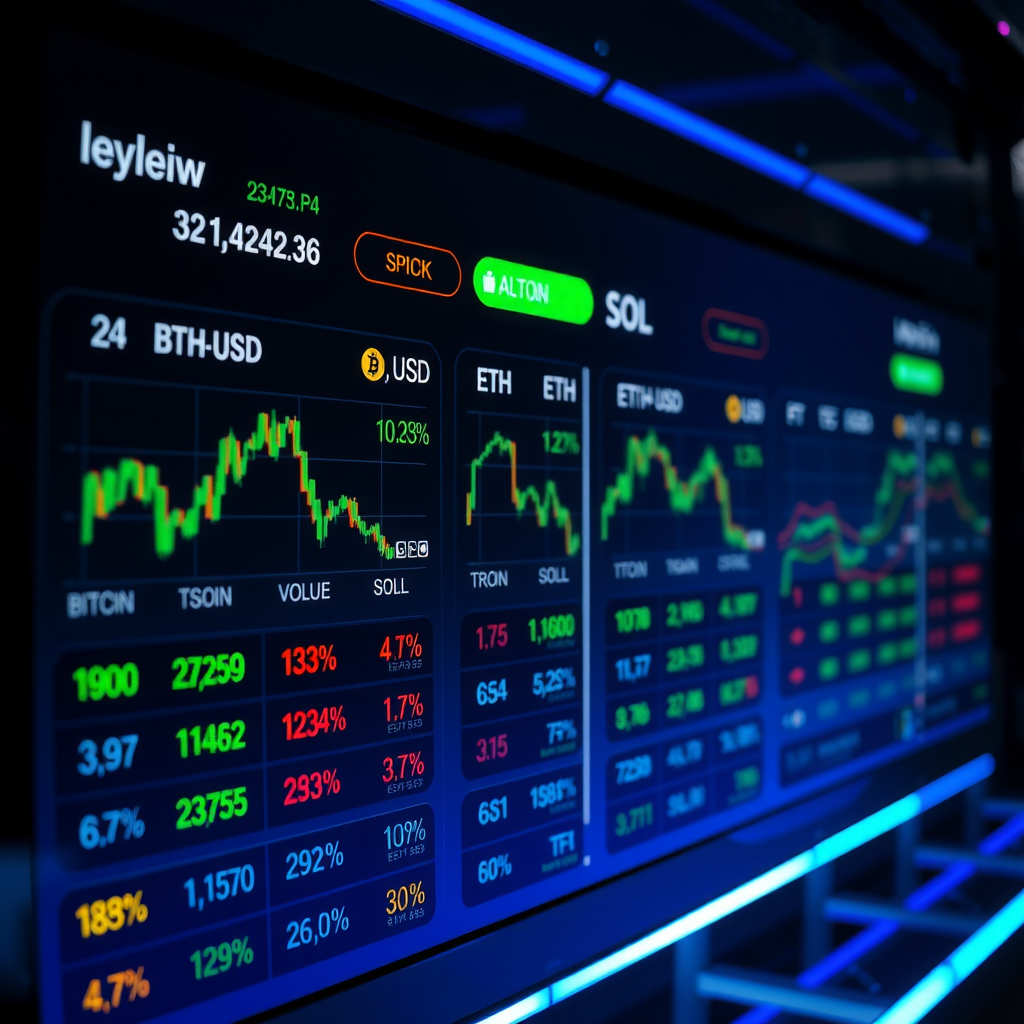 Cryptocurrency trading pairs display showing BTC/USD, ETH/USD, SOL/USD and various altcoin pairs with real-time price updates, 24-hour volume statistics, percentage changes in green and red, and market cap rankings on a dark futuristic interface with blue accent lighting
