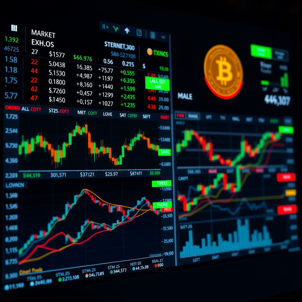 Cryptocurrency trading bot execution visualization displaying multiple simultaneous trades across different markets with real-time order book data, price action charts, and automated order placement indicators on dark background