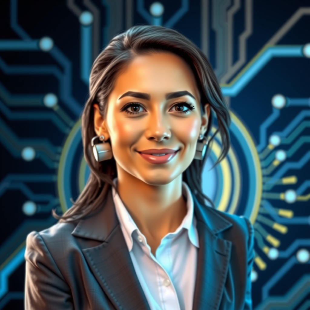 Professional headshot of Sarah Rodriguez, CTO of Axiom Trade, in business attire with technology-themed background featuring circuit patterns and blue accent lighting