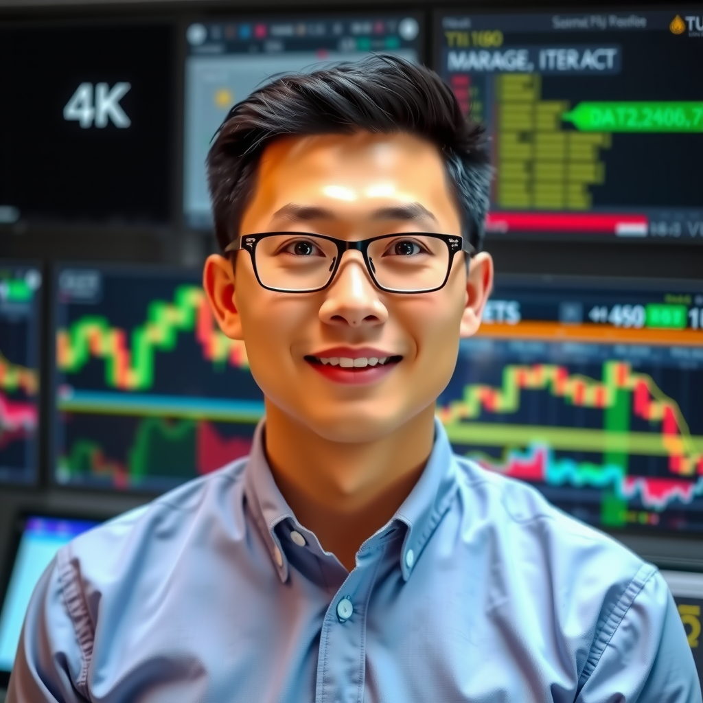 Professional portrait of Marcus Chen, Lead Quantitative Analyst, in business casual attire with trading screens visible in background