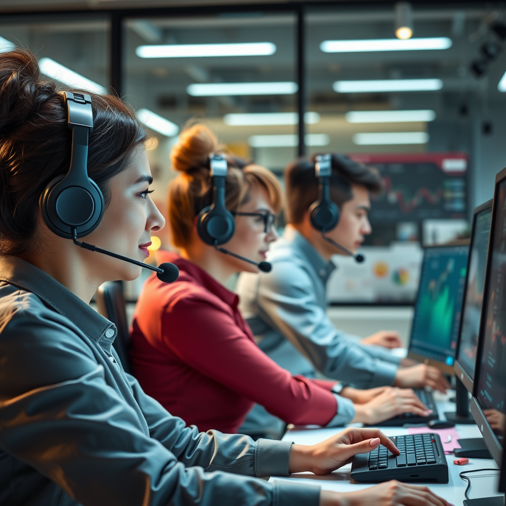 Dedicated customer support and operations team members wearing headsets in modern office, working at computers with cryptocurrency platform interfaces, providing 24/7 assistance and maintaining security protocols
