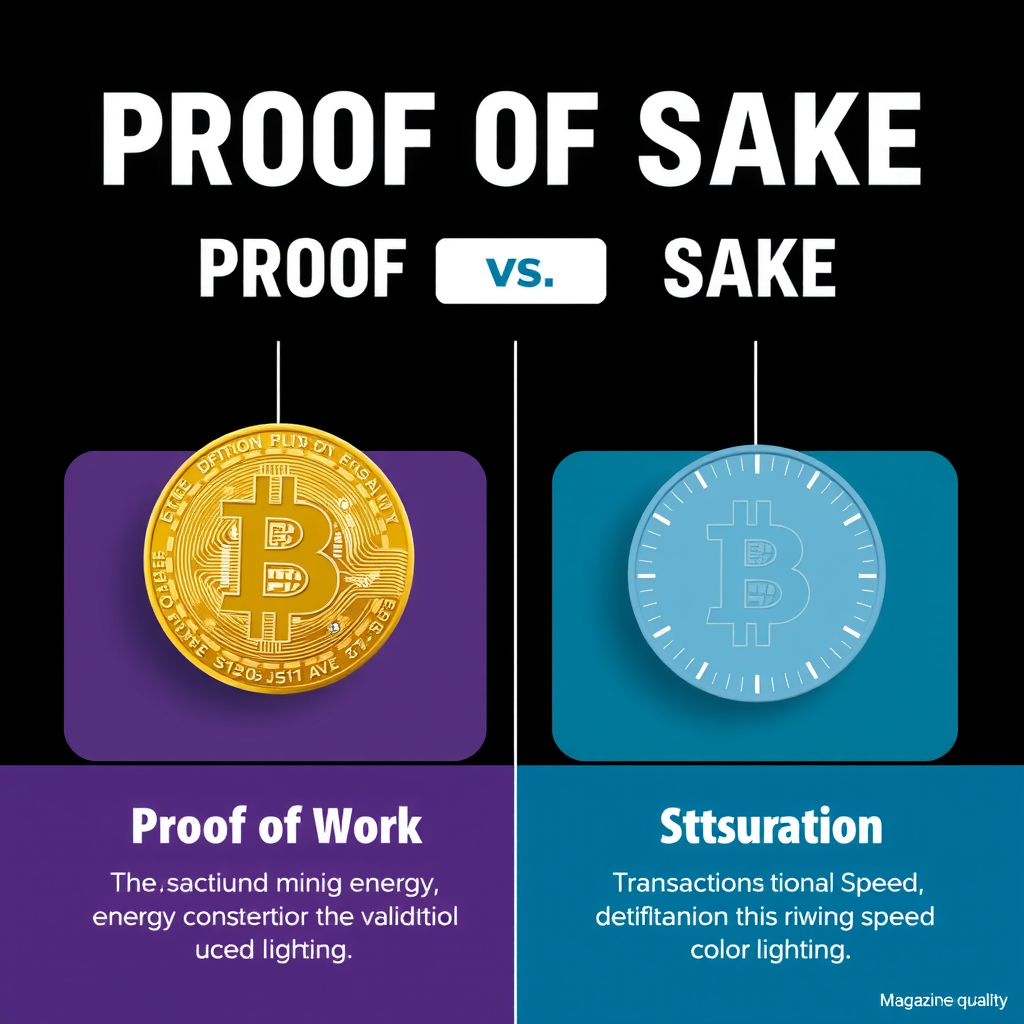 Side-by-side comparison infographic of Proof of Work and Proof of Stake consensus mechanisms showing mining process versus staking validation with visual representations of energy consumption and transaction speed differences