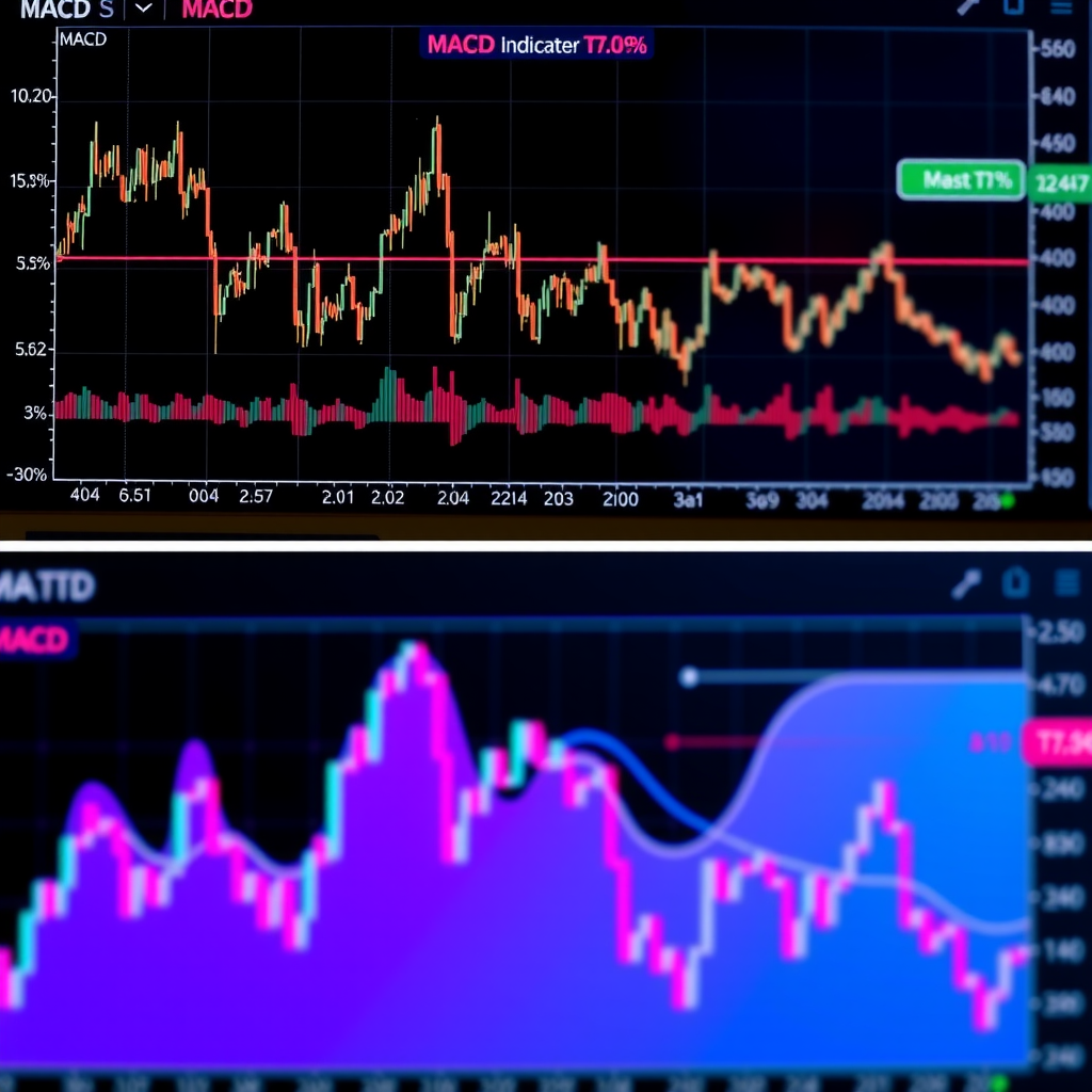 MACD indicator chart showing MACD line, signal line, and histogram with bullish and bearish crossovers marked, displayed below a cryptocurrency price chart with purple and blue gradient styling