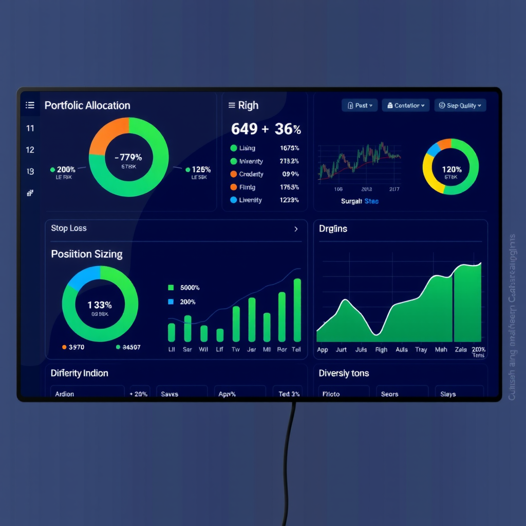 Professional risk management dashboard showing portfolio allocation pie charts, stop-loss indicators, position sizing calculator, and diversification metrics on a midnight blue background with clean white and green data visualization elements