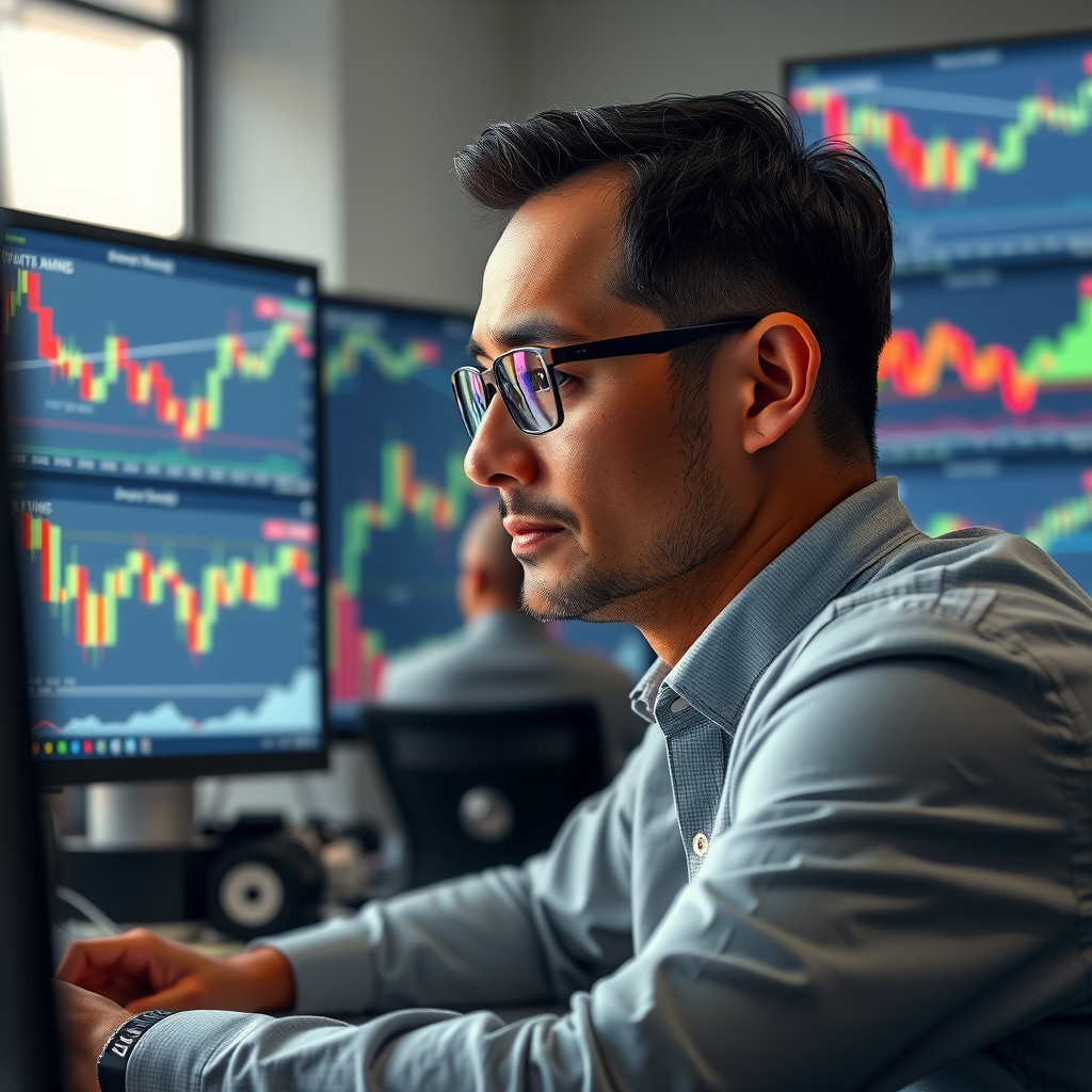 Conceptual image representing trading psychology with a calm professional trader analyzing multiple screens, showing emotional control and disciplined decision-making in a modern trading environment
