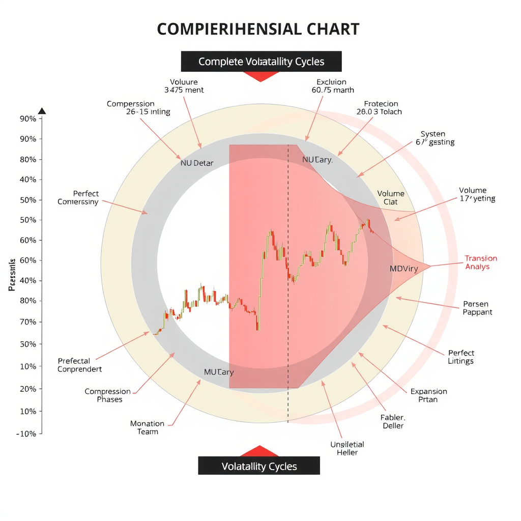 Comprehensive chart showing complete volatility cycles with annotations marking compression phases, expansion phases, and transition points, including volume analysis and momentum indicators