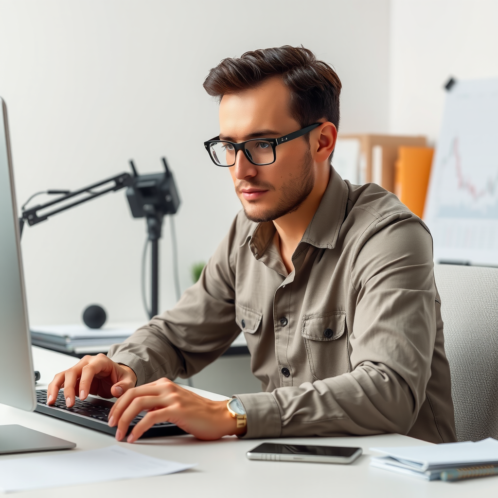 Composed trader working at an organized, minimalist desk setup with clear workspace, demonstrating calm and disciplined approach to market analysis