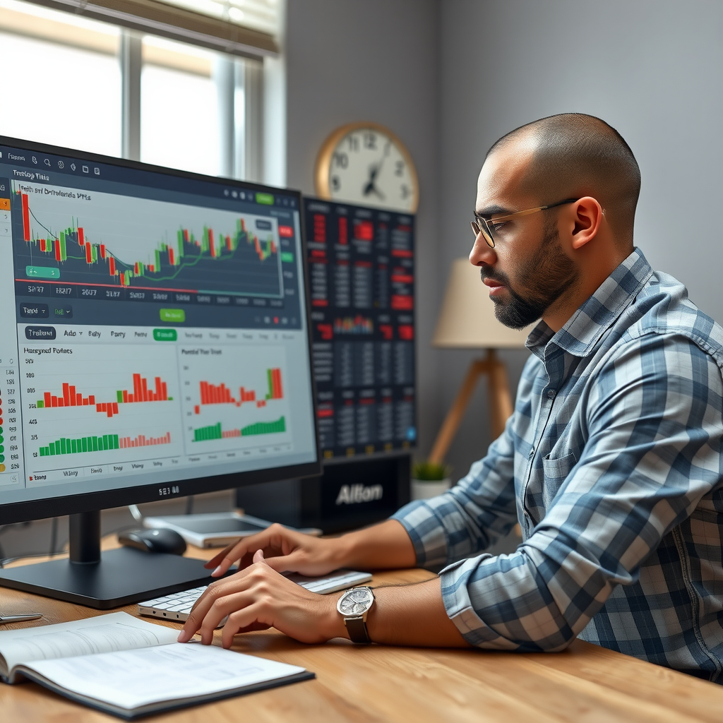 Professional trader reviewing end-of-day performance metrics, profit and loss statements, trade statistics, and chart patterns on computer screen with trading journal and notes visible on desk