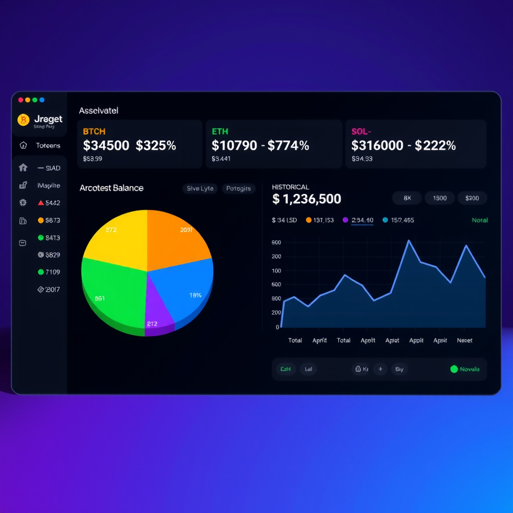 Cryptocurrency portfolio management dashboard displaying asset allocation pie chart with different colored segments for BTC, ETH, SOL and other tokens, total portfolio value in USD, individual asset performance metrics, profit/loss percentages, and historical balance graph on a sleek dark interface with purple and blue gradient accents