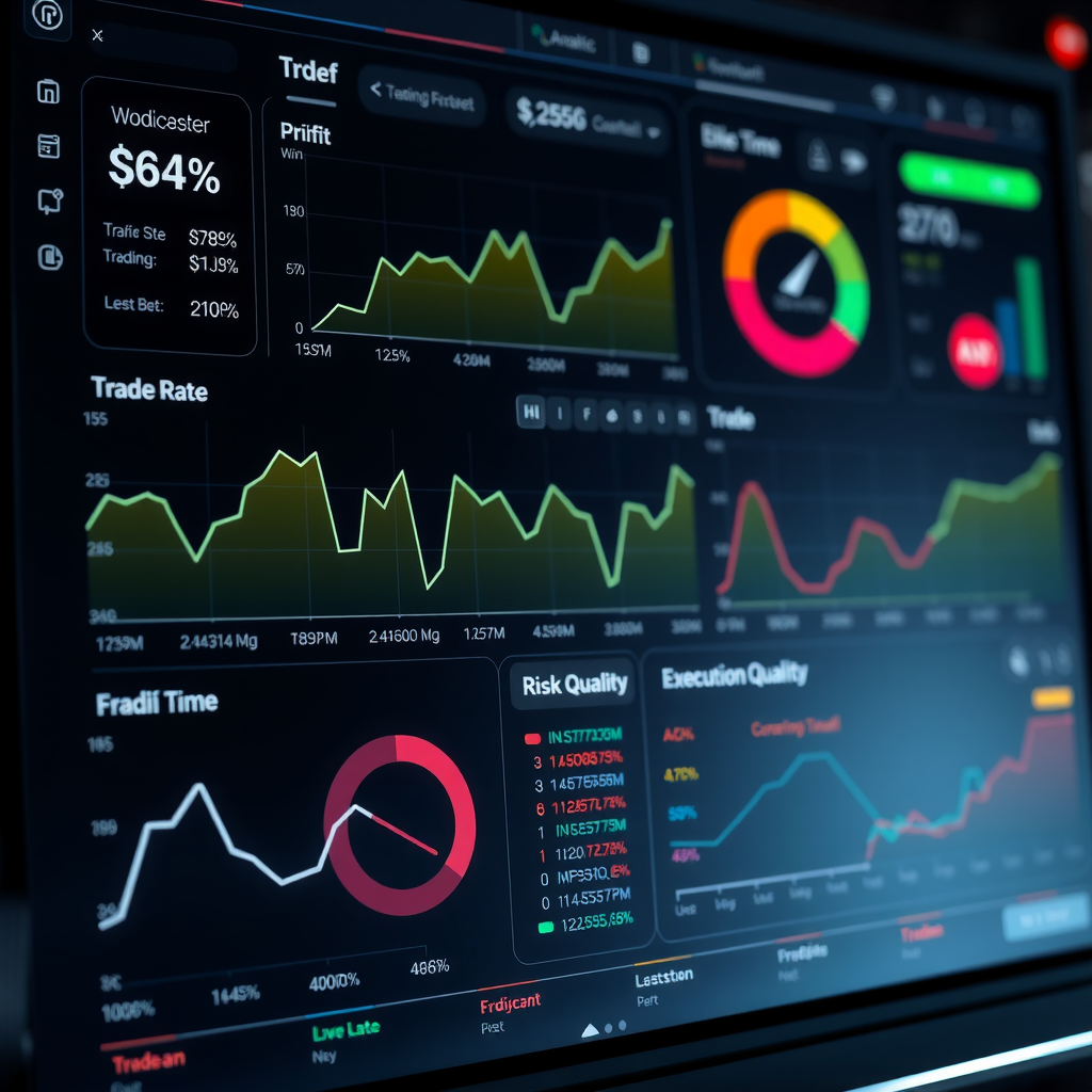 Detailed analytics dashboard displaying trading bot performance metrics including profit and loss charts, trade history timeline, win rate statistics, risk metrics, and execution quality indicators on dark futuristic interface