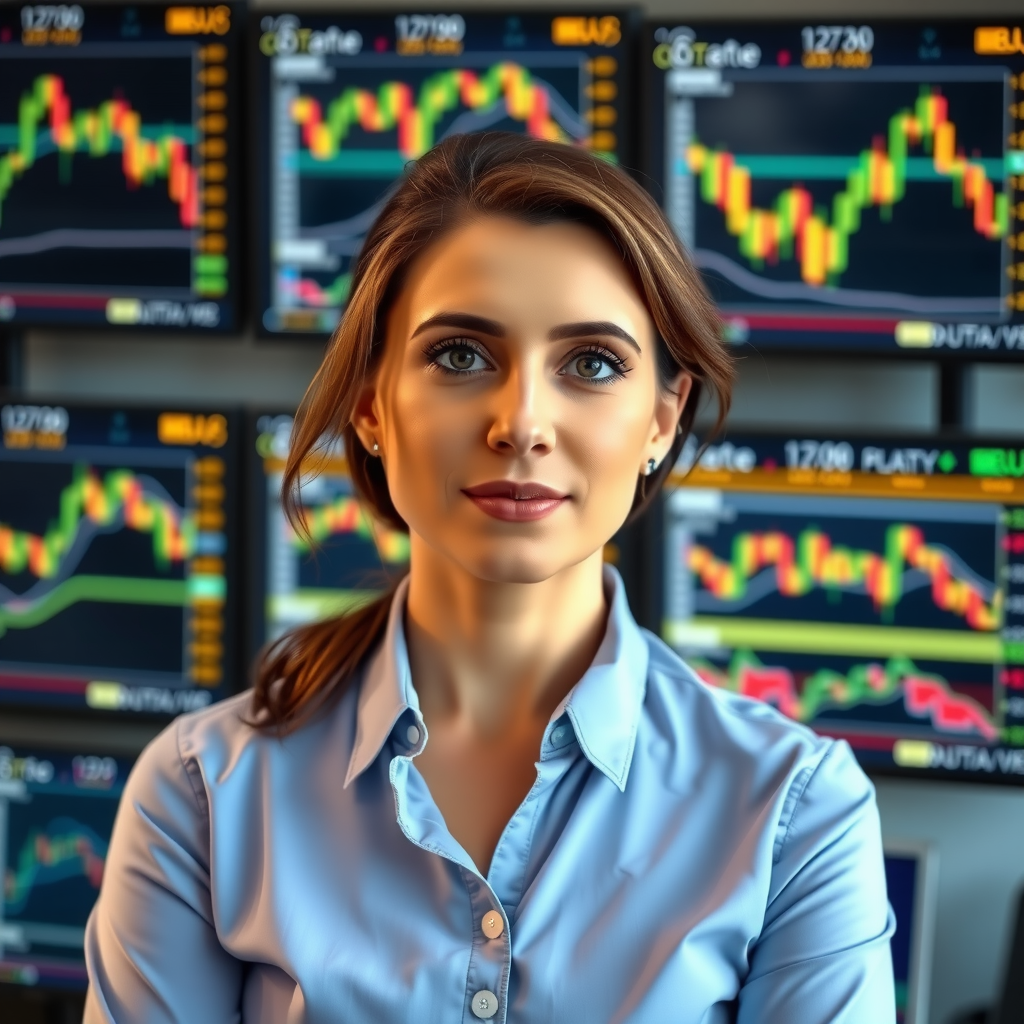 Professional photograph of Elena Petrova, Senior Technical Analyst, with multiple trading monitors displaying charts in the background