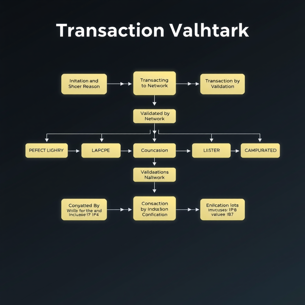Flowchart diagram showing the complete transaction validation process from initiation through broadcasting to network, validation by nodes, inclusion in block, and final confirmation with multiple steps and decision points illustrated