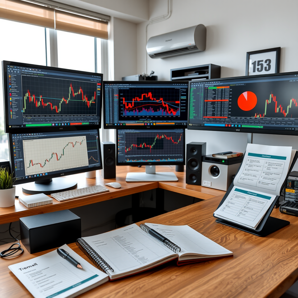 Organized professional trading workspace showing morning routine setup with multiple monitors, trading journal, market analysis notes, and structured daily checklist for active traders