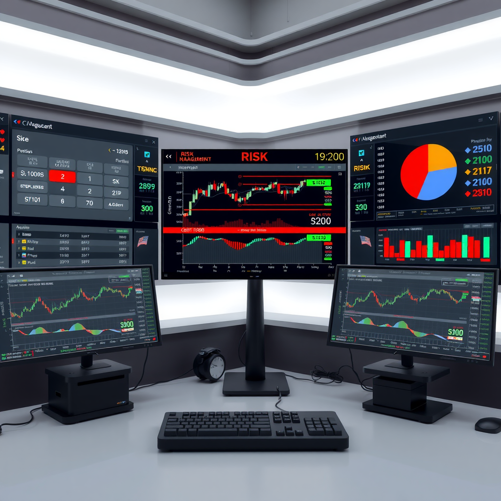 Professional trading workspace showing risk management dashboard with position sizing calculator, stop-loss levels marked on charts, portfolio allocation pie chart, and risk-reward ratio indicators displayed on multiple screens