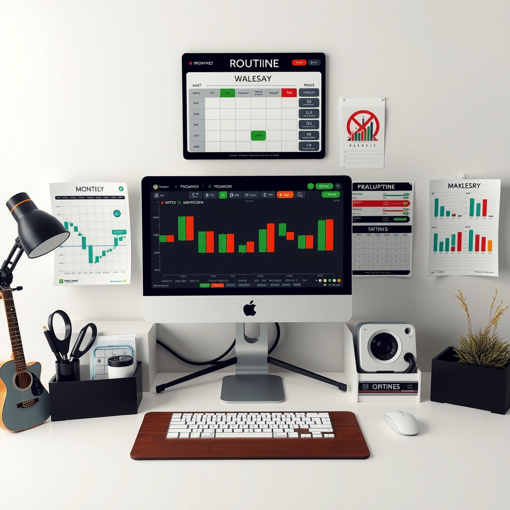 Well-organized professional trading desk setup showing daily routine checklist, monthly performance calendar, habit tracking charts, and organized workspace with minimal distractions promoting focus and consistency