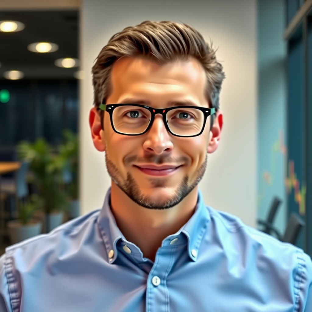 Professional headshot of James Kowalski, Blockchain Research Director, in modern office setting with cryptocurrency market data visible