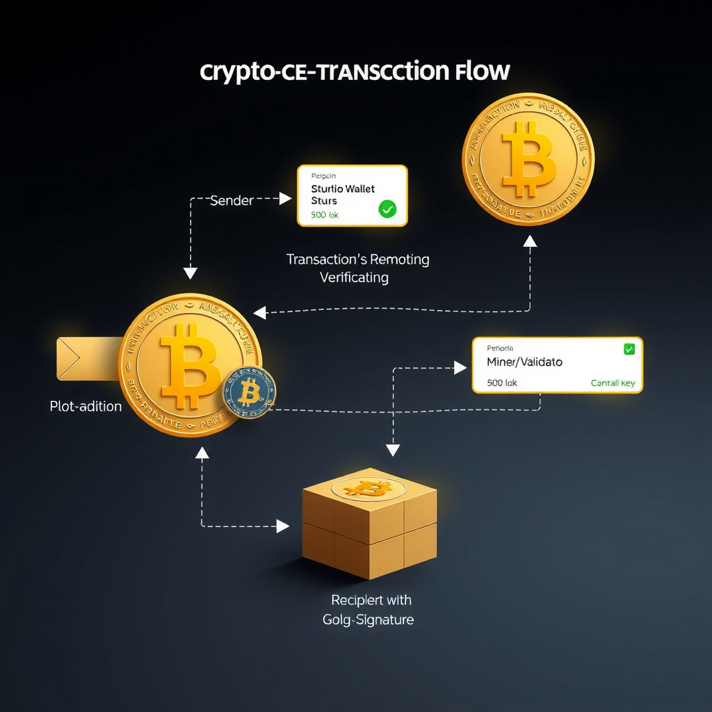 Detailed illustration of cryptocurrency transaction flow showing sender wallet, transaction creation, network broadcasting, miner/validator verification, block addition, and recipient confirmation with cryptographic keys and digital signatures