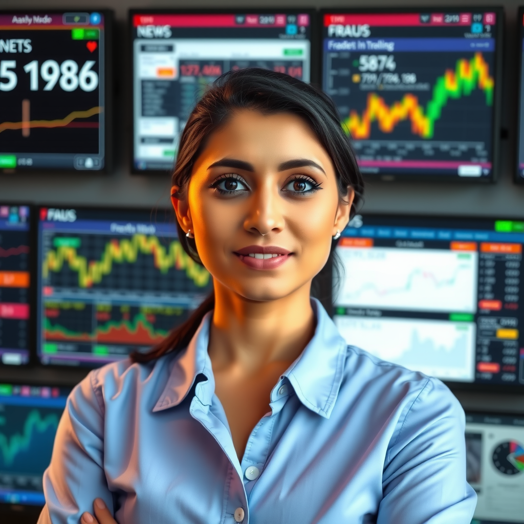 Professional portrait of Aisha Rahman, Market Sentiment Analyst, with financial news screens and social media analytics dashboards visible