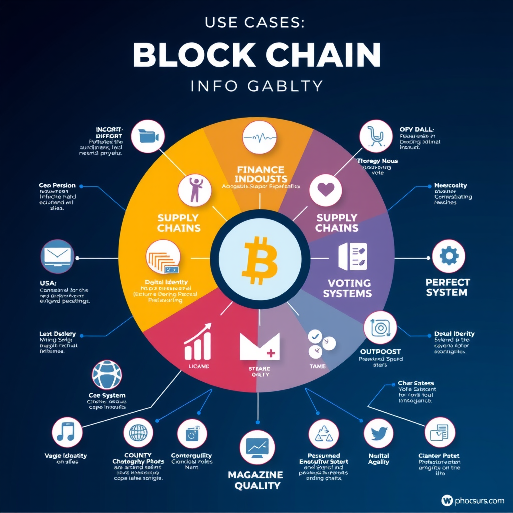Comprehensive infographic showing various blockchain use cases across different industries including finance, healthcare, supply chain, voting systems, and digital identity with icons and connecting lines illustrating the interconnected ecosystem